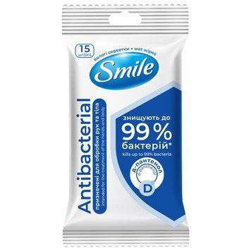Серветки вологі Antibacterial 15шт, Smile, Україна 00000000113 фото