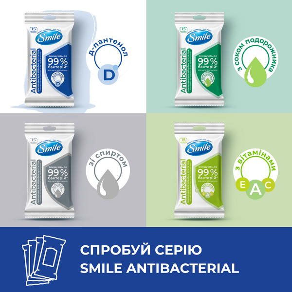 Серветки вологі Antibacterial 15шт, Smile, Україна 00000000113 фото